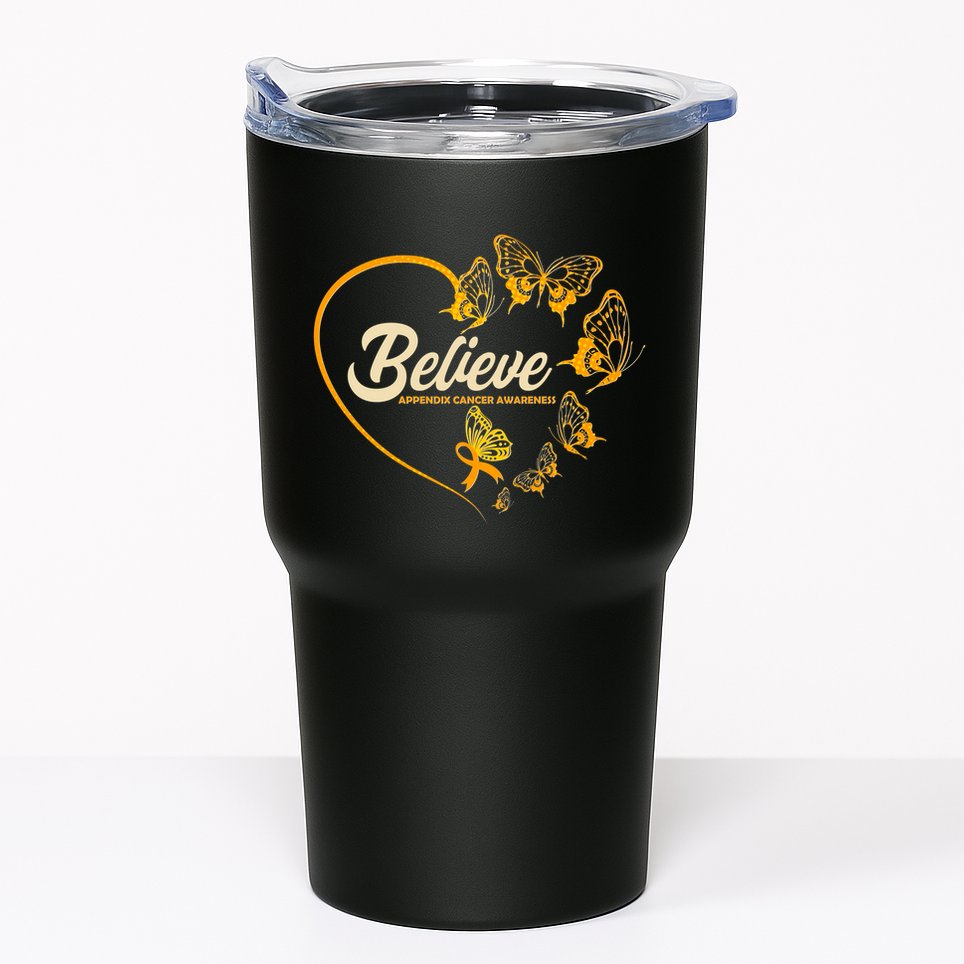 Appendix Cancer Awareness Believe Butterfly Heart Tumbler