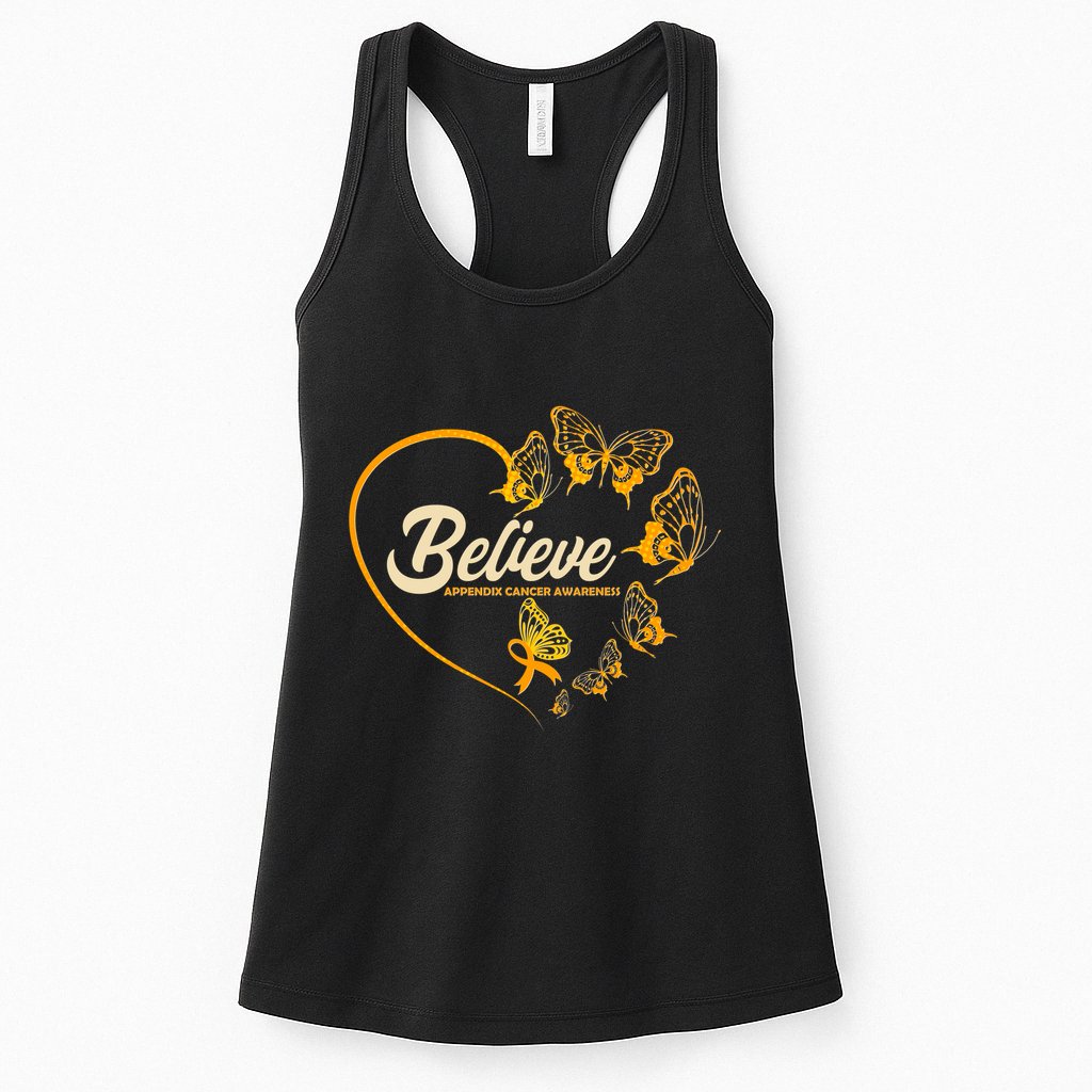 Appendix Cancer Awareness Believe Butterfly Heart Womens Tank Top