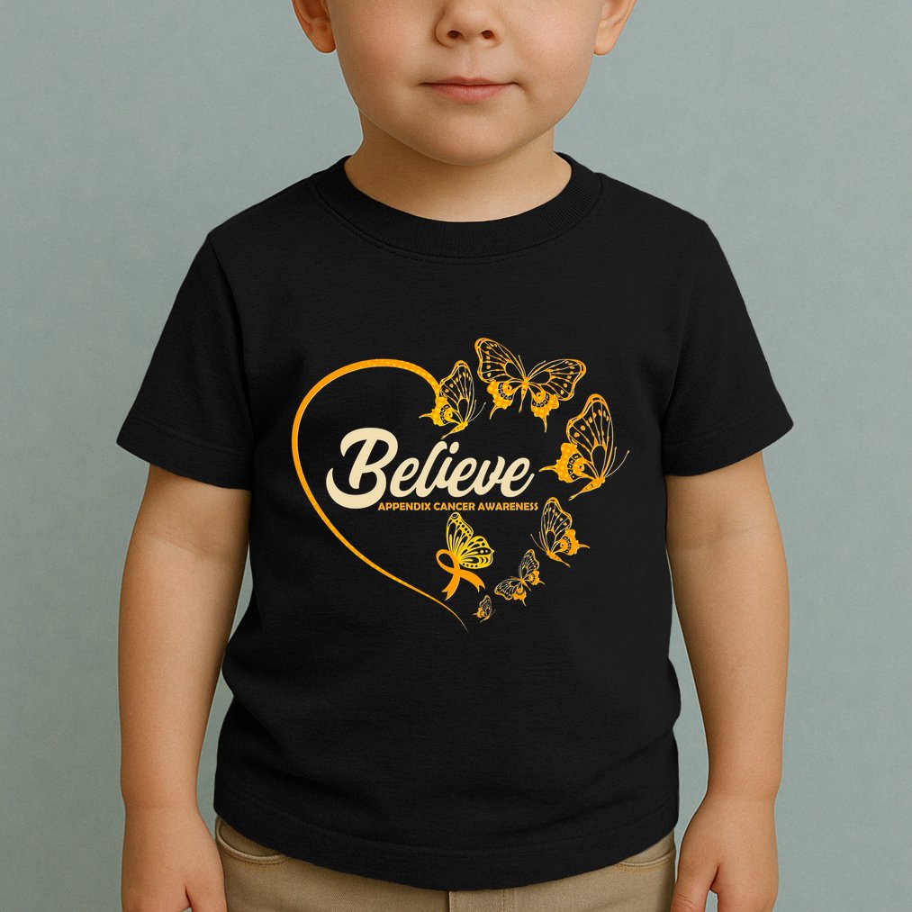 Appendix Cancer Awareness Believe Butterfly Heart Toddler T-Shirt