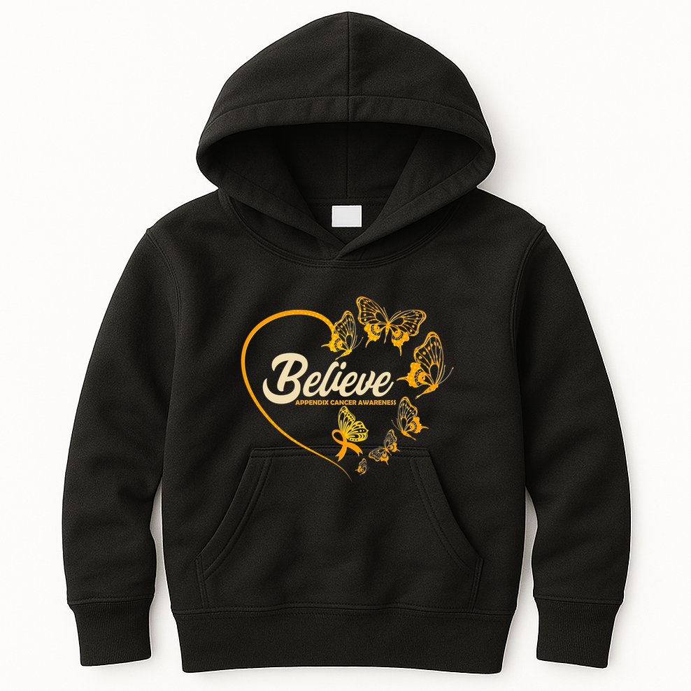Appendix Cancer Awareness Believe Butterfly Heart Kids Hoodie