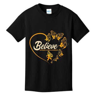 Appendix Cancer Awareness Believe Butterfly Heart Kids T-Shirt