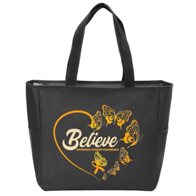 Appendix Cancer Awareness Believe Butterfly Heart Zip Tote Bag