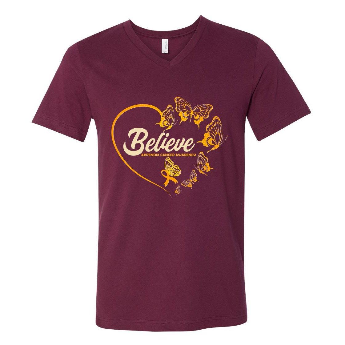 Appendix Cancer Awareness Believe Butterfly Heart V-Neck T-Shirt