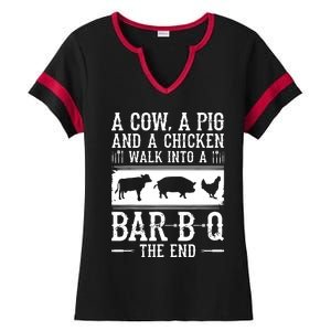 A Cow A Pig And A Chicken Walk Into A Bar B Q The End BBQ A Bar B Q The End BBQ Ladies Halftime Notch Neck Tee