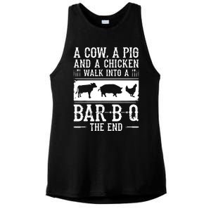 A Cow A Pig And A Chicken Walk Into A Bar B Q The End BBQ A Bar B Q The End BBQ Ladies PosiCharge Tri-Blend Wicking Tank