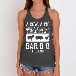 A Cow A Pig And A Chicken Walk Into A Bar B Q The End BBQ A Bar B Q The End BBQ Women's Knotted Racerback Tank