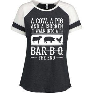 A Cow A Pig And A Chicken Walk Into A Bar B Q The End BBQ A Bar B Q The End BBQ Enza Ladies Jersey Colorblock Tee