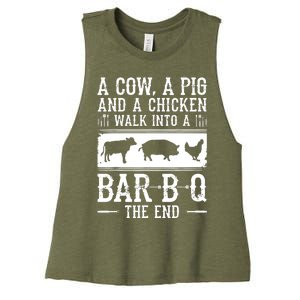 A Cow A Pig And A Chicken Walk Into A Bar B Q The End BBQ A Bar B Q The End BBQ Women's Racerback Cropped Tank