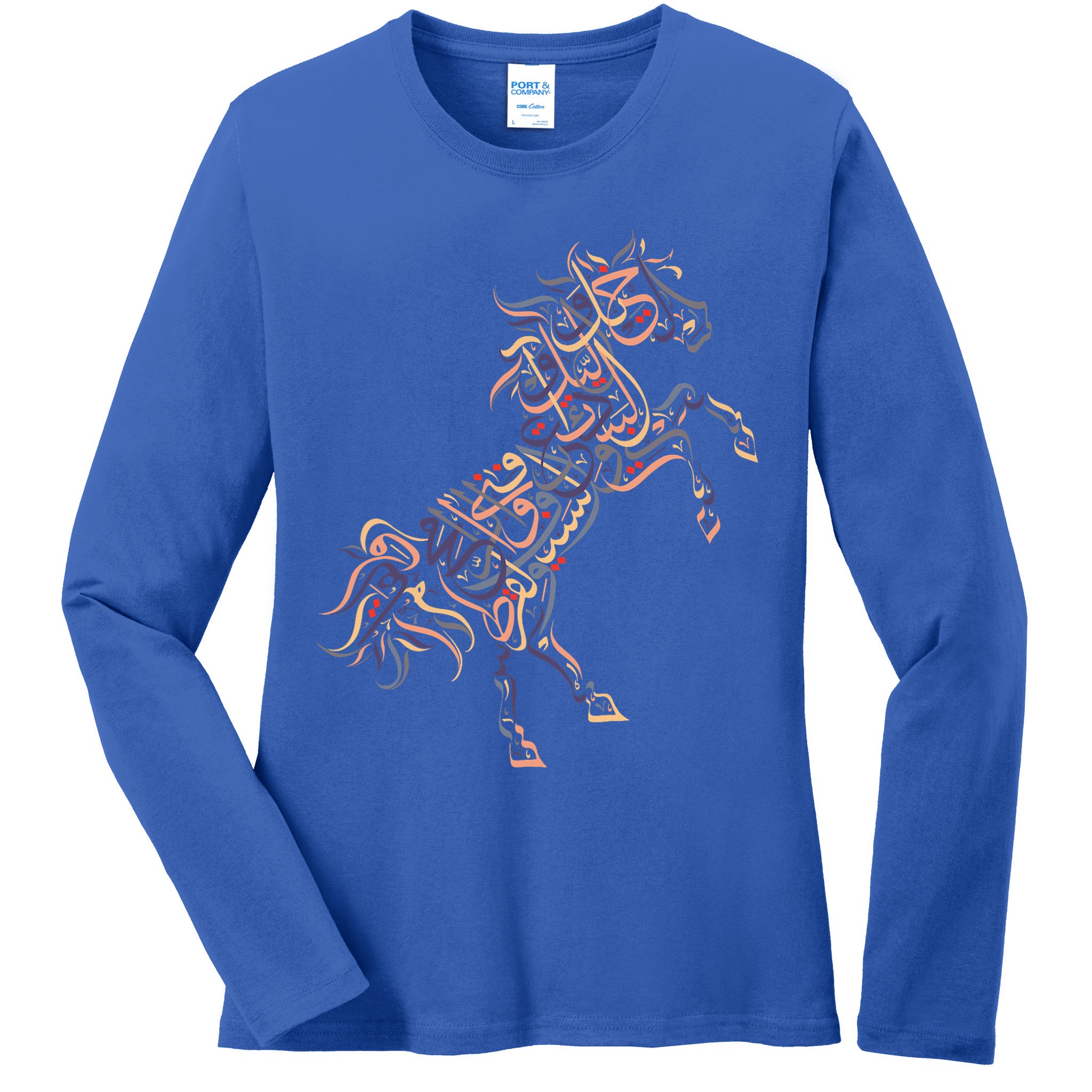 Arabic Calligraphy Arabian Horse Al Mutanabbi Poem Ladies Long Sleeve Shirt