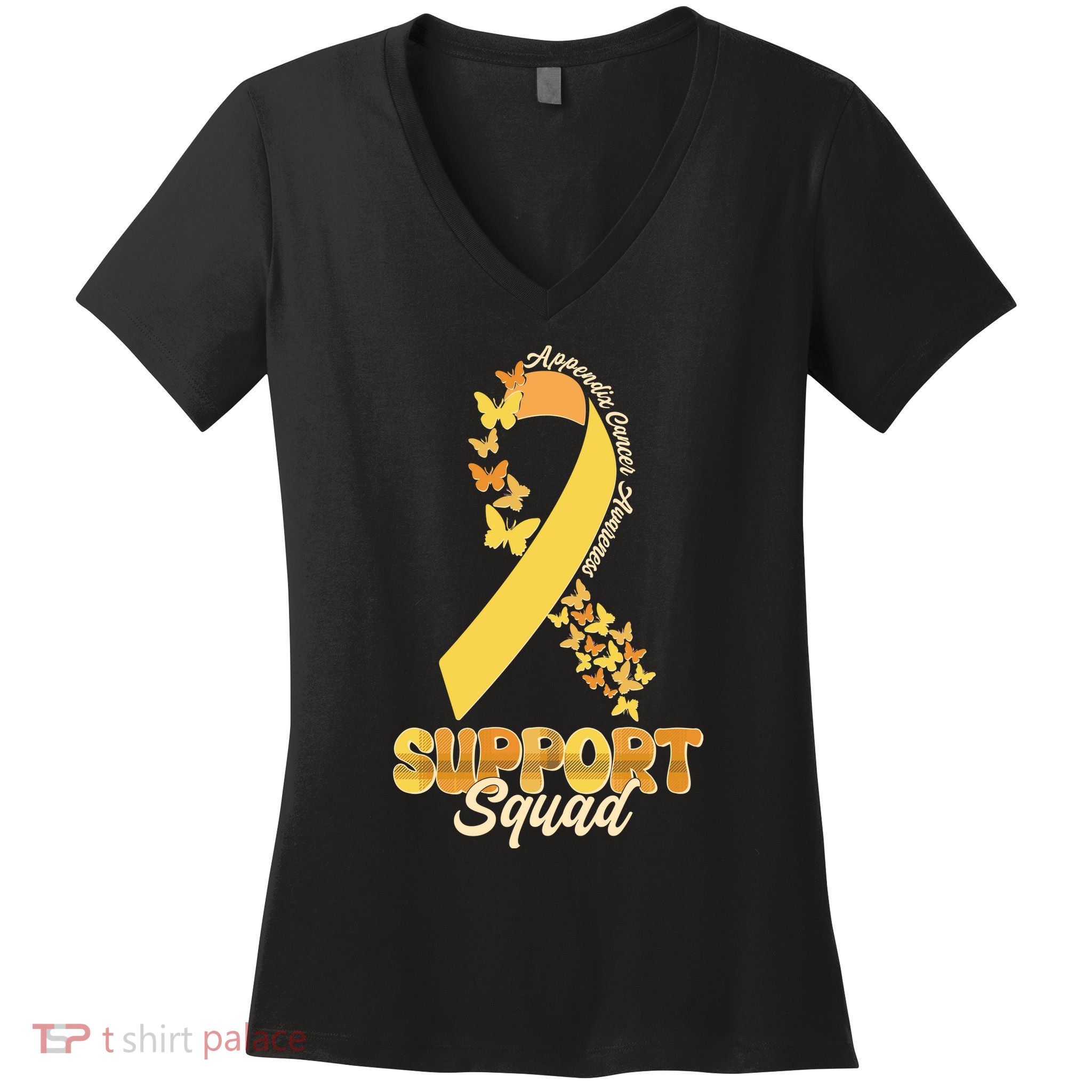 Appendix Cancer Awareness Support Squad Ribbon Butterflies Women's V-Neck T-Shirt