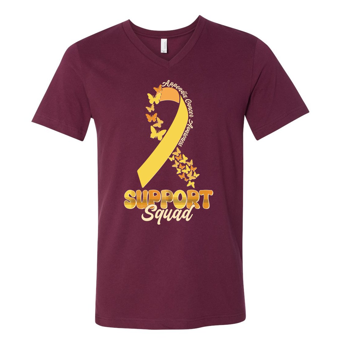 Appendix Cancer Awareness Support Squad Ribbon Butterflies V-Neck T-Shirt