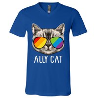 Ally Ca Ally Cat Lgbtq+ Lgbt Flag Lgbt Ally Cat Cute Gift V-Neck T-Shirt