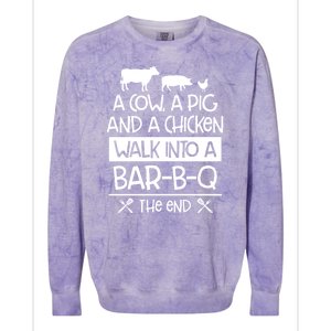 A Cow A Pig And A Chicken Walk Into A Bar B Q The End BBQ Colorblast Crewneck Sweatshirt