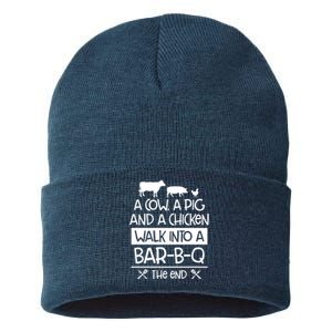 A Cow A Pig And A Chicken Walk Into A Bar B Q The End BBQ Sustainable Knit Beanie