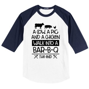 A Cow A Pig And A Chicken Walk Into A Bar B Q The End BBQ Baseball Sleeve Shirt