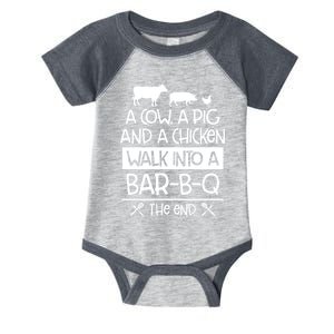 A Cow A Pig And A Chicken Walk Into A Bar B Q The End BBQ Infant Baby Jersey Bodysuit