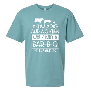 A Cow A Pig And A Chicken Walk Into A Bar B Q The End BBQ Sueded Cloud Jersey T-Shirt