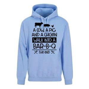 A Cow A Pig And A Chicken Walk Into A Bar B Q The End BBQ Unisex Surf Hoodie