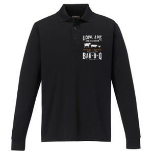 A Cow A Pig And A Chicken Walk Into A Bar B Q The End BBQ Performance Long Sleeve Polo