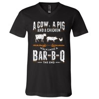 A Cow A Pig And A Chicken Walk Into A Bar B Q The End BBQ V-Neck T-Shirt