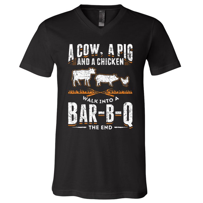 A Cow A Pig And A Chicken Walk Into A Bar B Q The End BBQ V-Neck T-Shirt