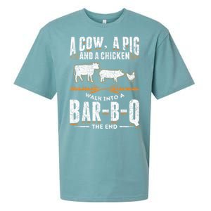 A Cow A Pig And A Chicken Walk Into A Bar B Q The End BBQ Sueded Cloud Jersey T-Shirt