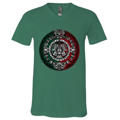 Aztec Calendar Azteca Sun Stone Mexico Flag Irt V-Neck T-Shirt