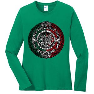 Aztec Calendar Azteca Sun Stone Mexico Flag Irt Ladies Long Sleeve Shirt