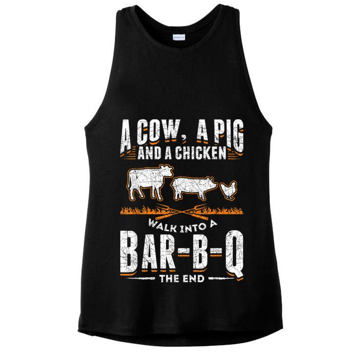 A Cow A Pig And A Chicken Walk Into A Bar B Q The End BBQ Ladies PosiCharge Tri-Blend Wicking Tank