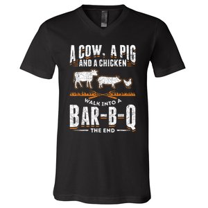 A Cow A Pig And A Chicken Walk Into A Bar B Q The End BBQ V-Neck T-Shirt