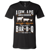 A Cow A Pig And A Chicken Walk Into A Bar B Q The End BBQ V-Neck T-Shirt