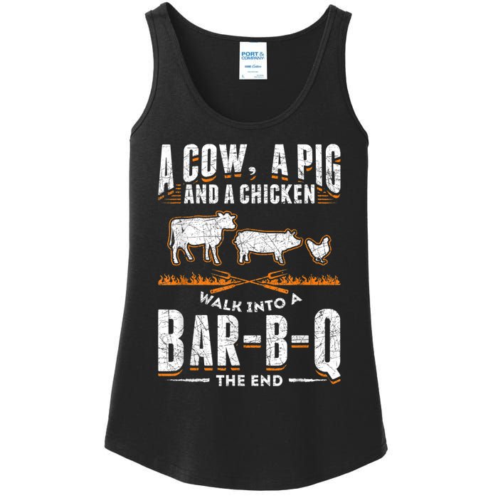 A Cow A Pig And A Chicken Walk Into A Bar B Q The End BBQ Ladies Essential Tank