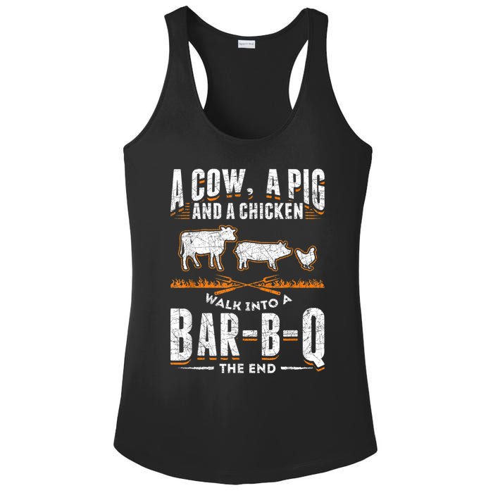 A Cow A Pig And A Chicken Walk Into A Bar B Q The End BBQ Ladies PosiCharge Competitor Racerback Tank