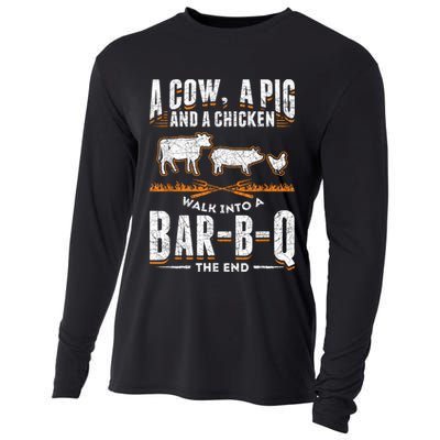 A Cow A Pig And A Chicken Walk Into A Bar B Q The End BBQ Cooling Performance Long Sleeve Crew
