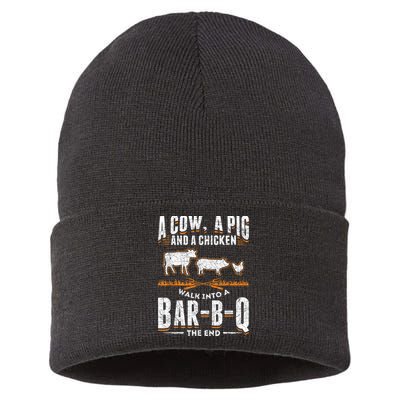 A Cow A Pig And A Chicken Walk Into A Bar B Q The End BBQ Sustainable Knit Beanie