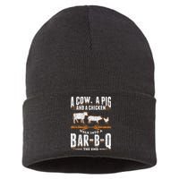 A Cow A Pig And A Chicken Walk Into A Bar B Q The End BBQ Sustainable Knit Beanie