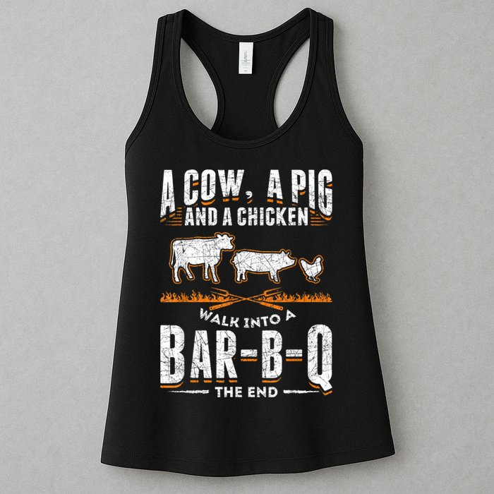 A Cow A Pig And A Chicken Walk Into A Bar B Q The End BBQ Womens Tank Top