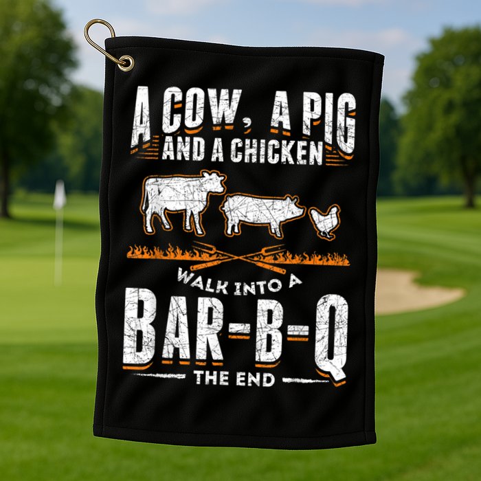 A Cow A Pig And A Chicken Walk Into A Bar B Q The End BBQ Golf Towel