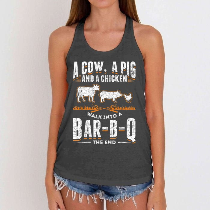 A Cow A Pig And A Chicken Walk Into A Bar B Q The End BBQ Women's Knotted Racerback Tank