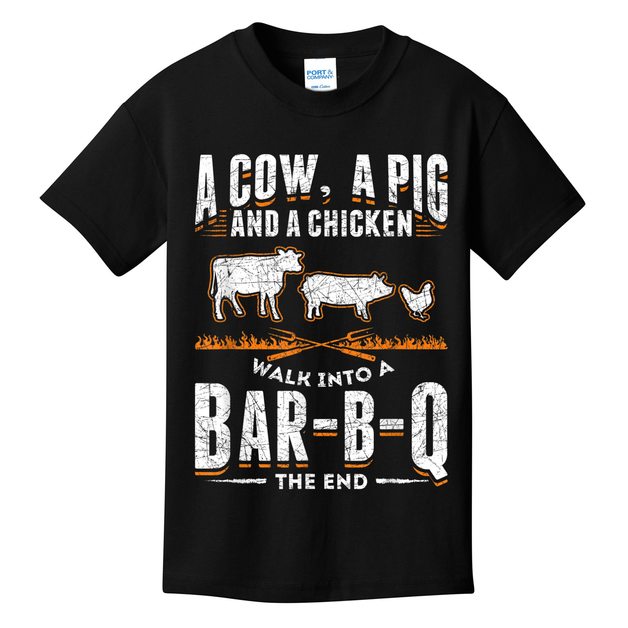 A Cow A Pig And A Chicken Walk Into A Bar B Q The End BBQ Kids T-Shirt