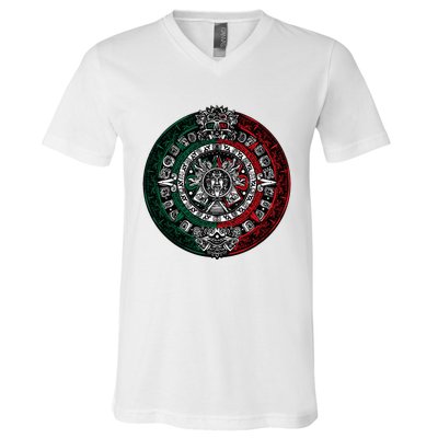 Aztec Calendar Azteca Sun Stone Mexico Flag V-Neck T-Shirt