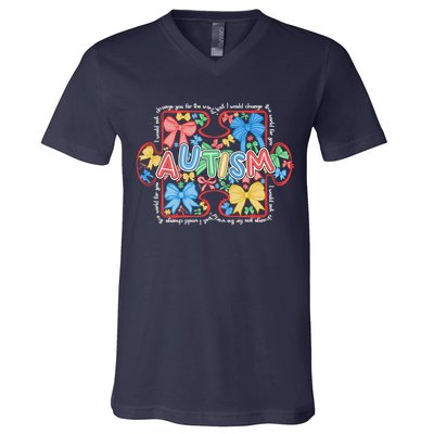 Autism Coquette Bow Puzzle Autism Awareness Proud Autism Mom V-Neck T-Shirt