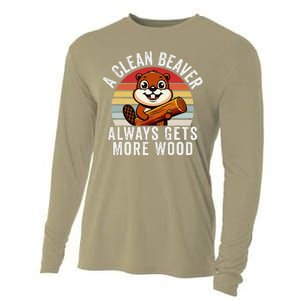 A Clean Beaver Always Gets More Wood Funny Beaver Design Cooling Performance Long Sleeve Crew