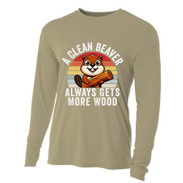 A Clean Beaver Always Gets More Wood Funny Beaver Design Cooling Performance Long Sleeve Crew