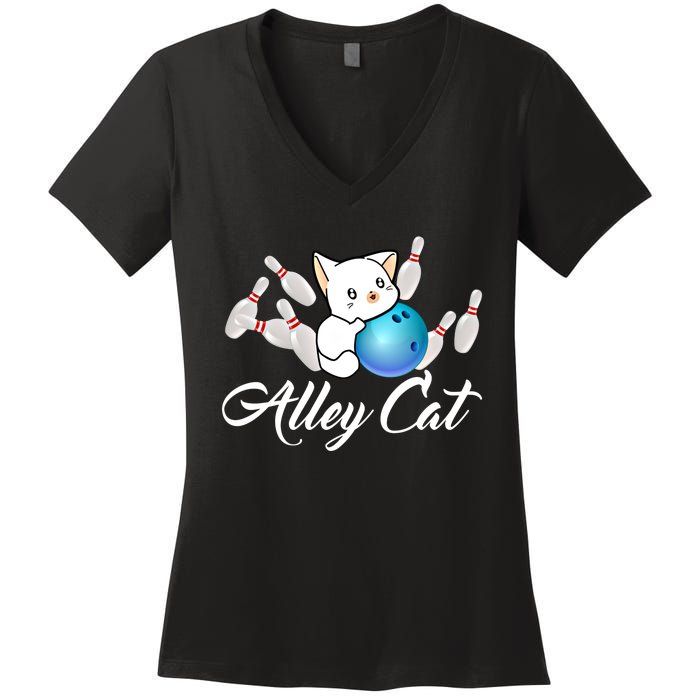 Alley Cat Bowling Gift Funny Bowler Bowling Great Gift Women's V-Neck T-Shirt