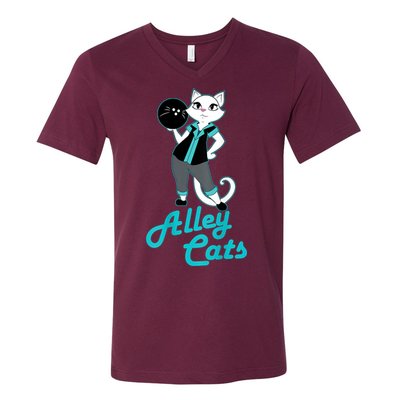 Alley Cats Bowling Team Ladies Backside Print V-Neck T-Shirt