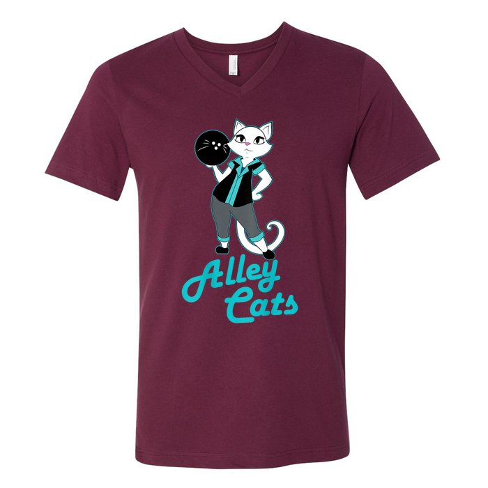 Alley Cats Bowling Team Ladies Backside Print V-Neck T-Shirt