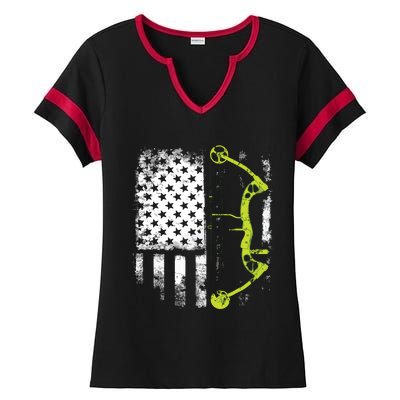 Archery Compound Bow USA Flag Ladies Halftime Notch Neck Tee