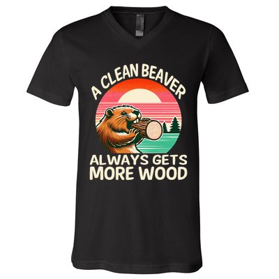 A Clean Beaver Always Gets More Wood Funny Adult Joke V-Neck T-Shirt