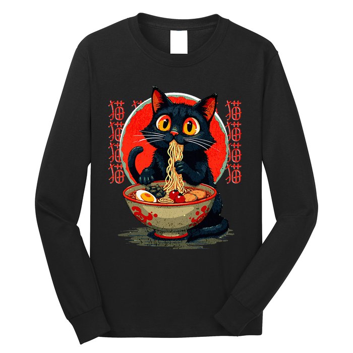 Anime Cute Cat Eating Ramen Japanese Noodles Vintage Long Sleeve Shirt